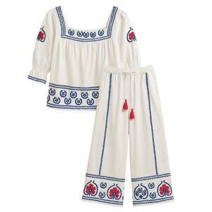 Pomegranate Embroidered Boho Resort Set Peasant Top Wide Leg‎ Pants Size M